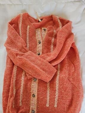 Free People Coral Lace-Trim Button Cardigan